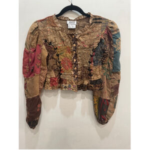 Vintage MSAS Patchwork Blouse M Puff Sleeve Crop Forest Fairy Grunge Whimsigoth